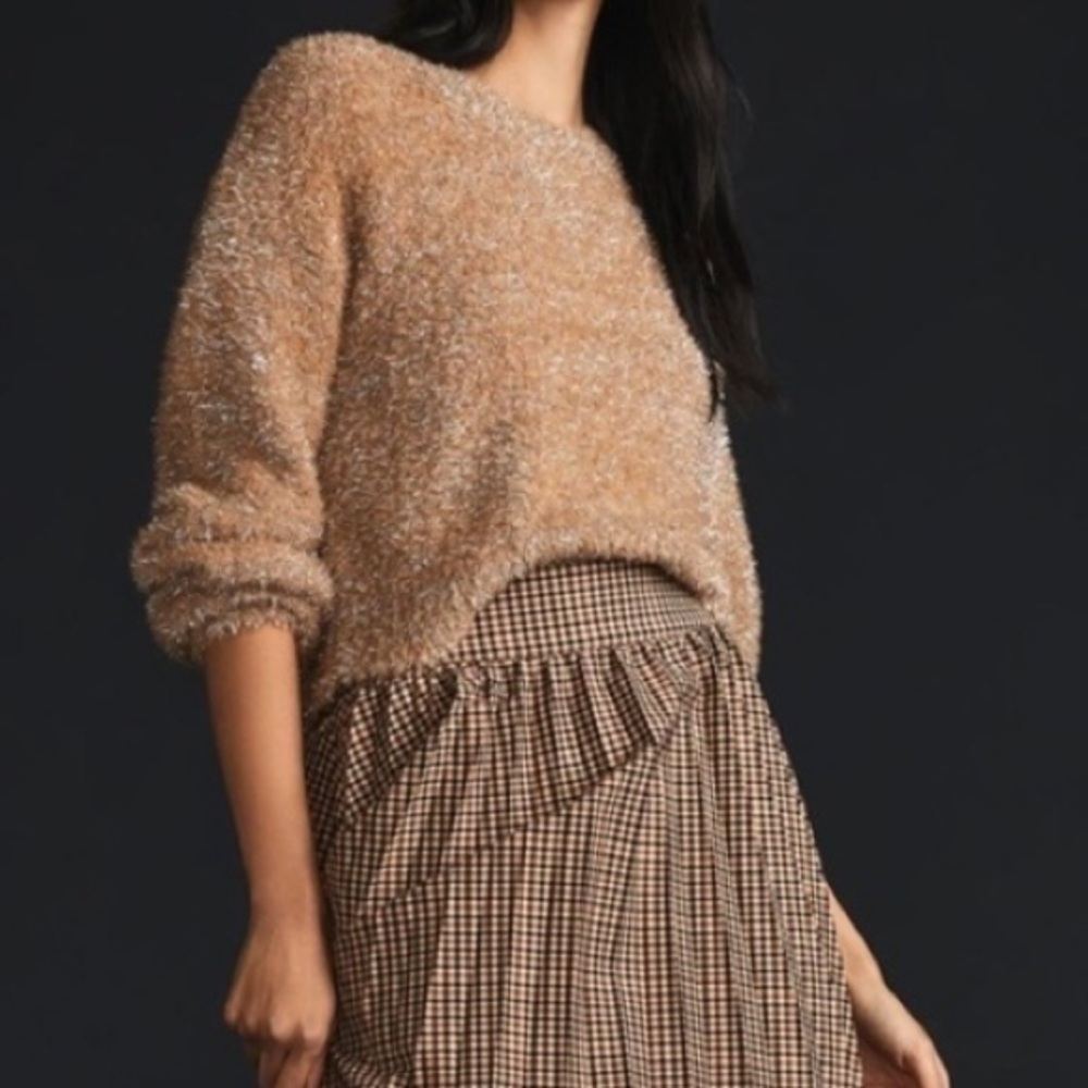 Anthropologie Maeve Tinsel Eyelash Sweater in Sand Tan Silver Size XL